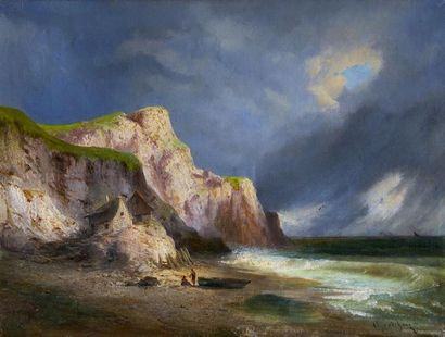 null Alfred GODCHAUX (1835-1895). Pêcheurs au pied de la falaise. Huile sur toile...
