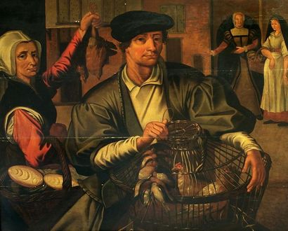 null Ecole FLAMANDE vers 1600, suiveur de Pieter AERTSEN Scène de marché Panneau...