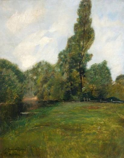 null Paul MADELINE (1863-1920) Bord de rivière. Huile toile signée et dédicacée en...
