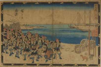 null Suite de sept ESTAMPES japonaises, scène de bataille, et scène de genre. XIXe....