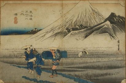 null Ando HIROSHIGE (1797-1858) , Mont Fuji le matin, Hara. Estampe japonaise. 23,5...