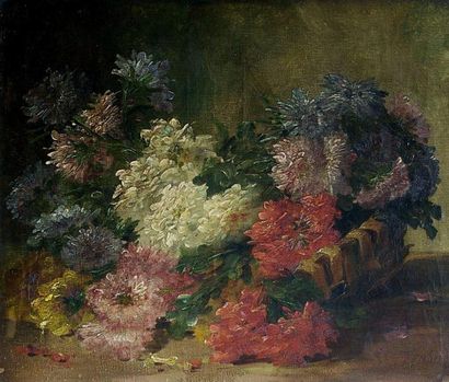 null Edmond VAN COPPENOLLE (1846-1914) Panier de fleurs. Huile sur toile signée en...