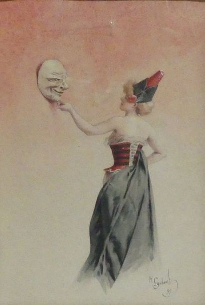 null H.GERBAULT (1863-1930), Le masque, aquarelle sur papier signée en bas à droite...