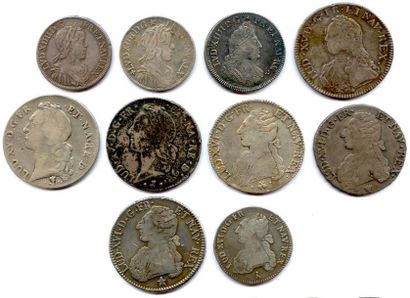 null FRANCE – LOUIS XIV, LOUIS XV, LOUIS XVI. Lot de 10 monnaies en argent: 1?2 écu...