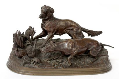 null Pierre-Jules MÈNE (1810-1879) Chasse à la perdrix. Bronze à patine brun brune...