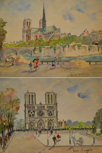 null Henri NOIZEUX (1871-?). Le parvis de Notre Dame. Aquarelle signée en bas à droite....
