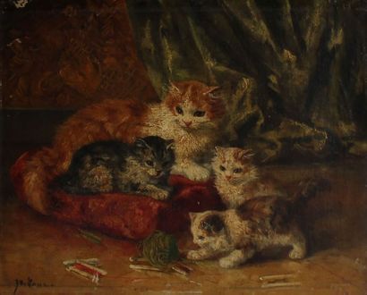 null Yvonne LAUR (1879-1943). Chatte entourée de ses chatons jouant avec une pelote...