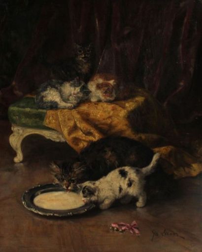 null Yvonne LAUR (1879-1943) L'écuelle de lait et chatons. Toile signée en bas à...