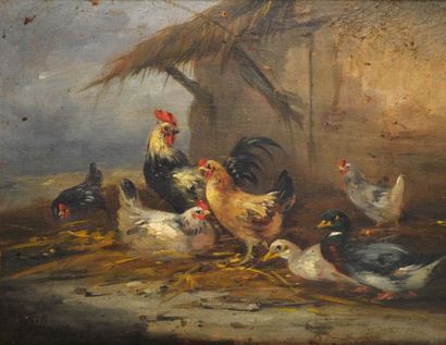 null Claude GUILLEMINET (1821-c.1866) Poules et canards. Huile sur panneau signée...
