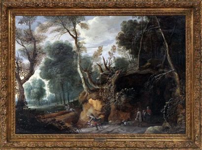 null Pieter SNAYERS (1592- 1666) (Attribué à) Scène de chasse à cour. Panneau parqueté....