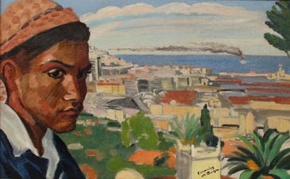 null Marius DE BUZON (1879-1958) Jeune oriental face à la baie d'Alger. Huile sur...