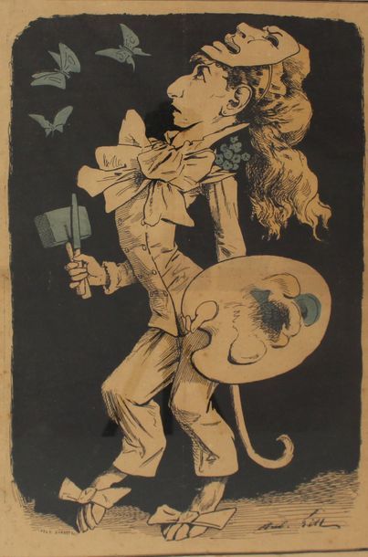 null André GILL (1840-1885) Caricature d'une femme artiste. Lithographie. 49 x 39...