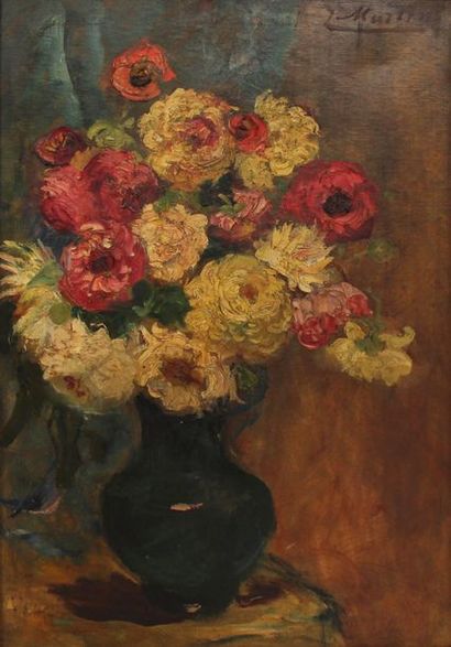 null Jacques MARTIN (1844-1919), bouquet de fleurs au vase vert. Huile sur toile...