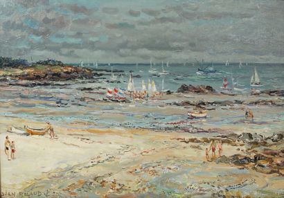 null Jean RIGAUD (1912-1999) Ile d'Yeu, plage du marais salé. Huile sur toile signée...