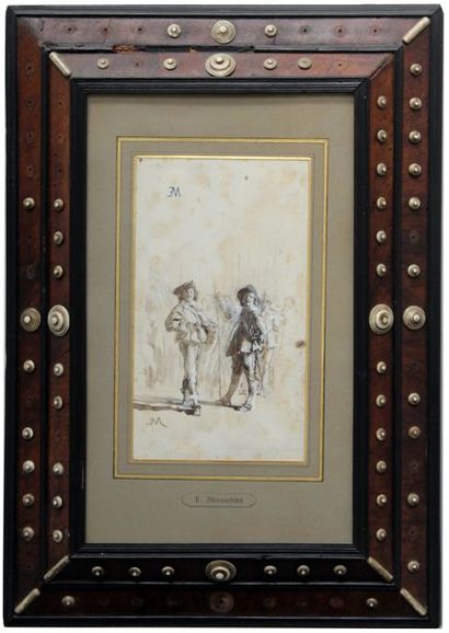 null Ernest MEISSONIER (1815-1891). Deux mousquetaires. Lavis d'encre et rehauts...