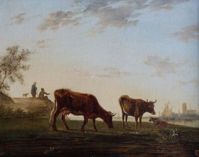 null Ecole française XIXe. Vaches et vachers au crépuscule. Huile sur toile. 28 x...