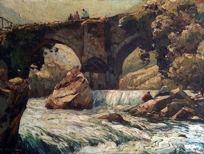 null Gustave VIDAL (1895-1966) Pont à Oloron, Pyrénéees, 1927. Huile sut toile signée...