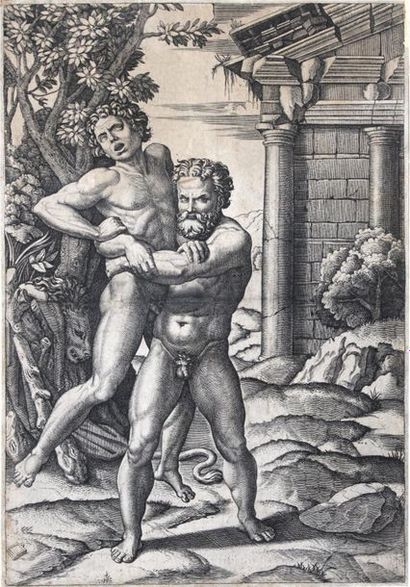null Marcantonio RAIMONDI (c.1480-1527/34) (d'après) Hercule et Antée. Gravure sur...