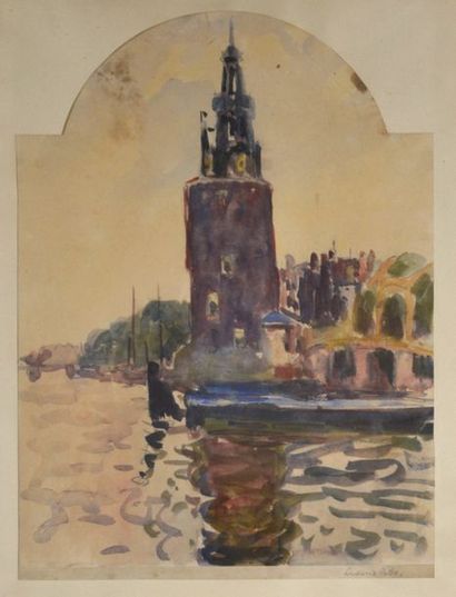 null Ludovic Rodo PISSARRO (1878-1952) Tour sur le port. Aquarelle sur papier contrecollé...