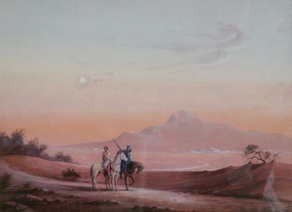 null École orientaliste Cavaliers au soleil couchant Gouache 22 x 30 cm