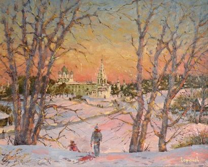 null Victor GORUNOV, Promenade au coucher du soleil, huile sur toile signée en bas...