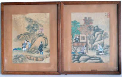 null Ecole chinoise XIXe. Personnages dans des paysages. Paire d'aquarelles, 26 x...