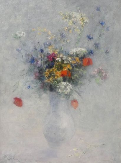 null A.STEIN, Vase de fleurs champêtres, huile sur toile, 65 x 50 cm (accidents et...