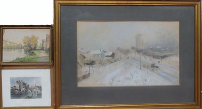 null VICAT, Paysage de neige, pastel, 31 x 48 cm. On y joint une gravure du Château...