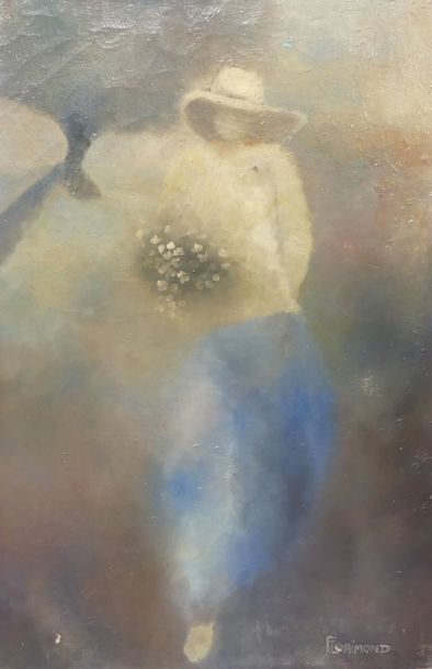 null FLORIMOND, Femme au chapeau et au bouquet, huile sur toile, 100 x 65 cm (petits...