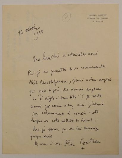 null COCTEAU (Jean) poète aux multiplesactivités (1889-1963) Lettre autographe signée...