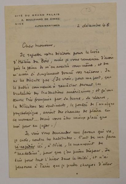 null MARTIN DU GARD (Roger) écrivain français (1881-1958) Lettre autographe signée...