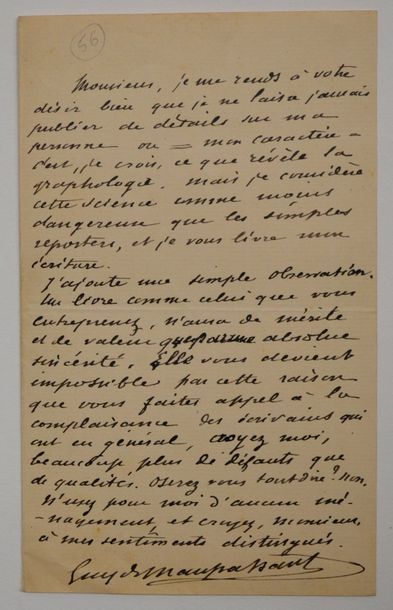 null MAUPASSANT (Guy) écrivain français (1850-1893) Lettre autographe signée à un...