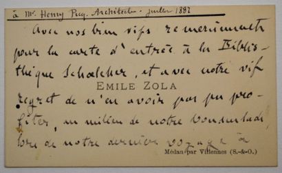 null ZOLA (Emile) écrivain français (1840-1902) Carte de visite autographe signée....