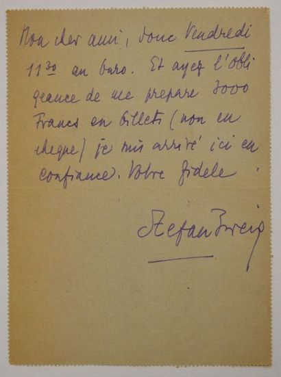 null ZWEIG (Stephan) écrivain autrichien (1881-1942) Billet autographe signé adressé...