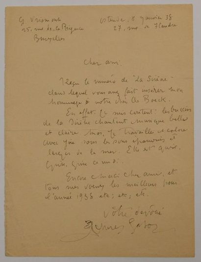 null ENSOR (James) peintre et graveur belge (1860-1949) Lettre autographe signée...