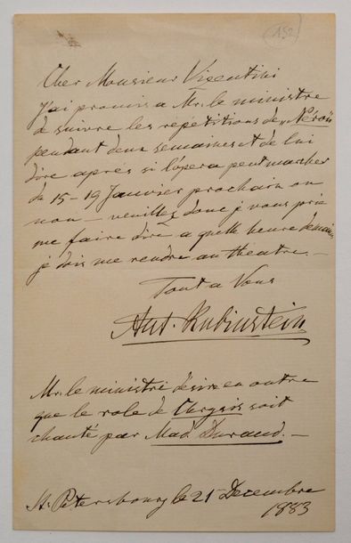 null RUBINSTEIN (Anton) pianiste et compositeur russe (1829-1894) Lettre autographe...