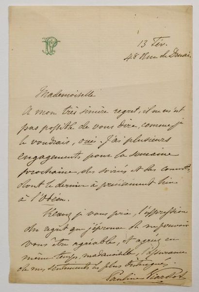 null VIARDOT (Pauline) cantatrice française (1821-1910) Lettre autographe signée...