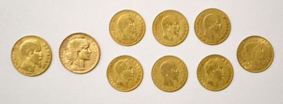 null NEUF PIECES de monnaies: 2 pieces de 20 F or, Napoléon III tête nue 1854, IIIe...