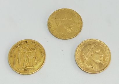 null TROIS PIECES de 20 FRANCS or: une piece 20 francs Leopold II roi des Belges,...