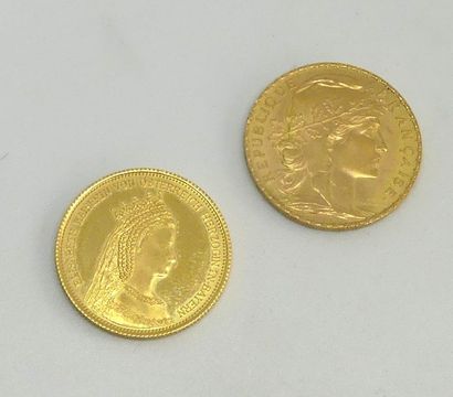 null DEUX PIECES en or: PIECE de 20 francs or et PIECE à l'effigie d'Elisabeth d'Autriche....