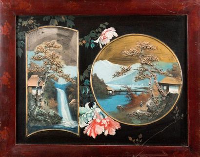 null JAPON, début XXème siècle. Panneau décoratif représentant un paysage. 47,5x59,5...