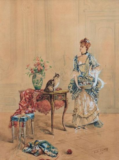 null Ecole française de la fin du XIXème siècle. Jeune femme et chatons. Aquarelle...