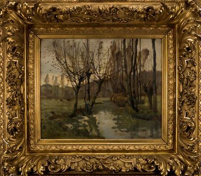 null Emile CAGNIART (1851-1911). Pêcheur au bord d'une rivière. Huile sur toile signée...