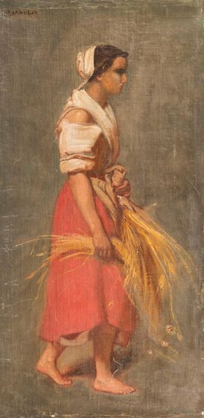 null Pierre GRIVOLAS (1823-1906). Jeune paysanne à la gerbe de blé. Huile sur toile...