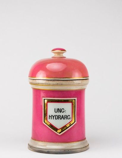 null Pot à pharmacie en faïence à fond rose "UNG: HYDRARC". XIXème siècle. H : 25...