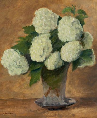 null Léon GARRAUD (1877-1961). Bouquet d'hortensias. Huile sur panneau cachet d'atelier...