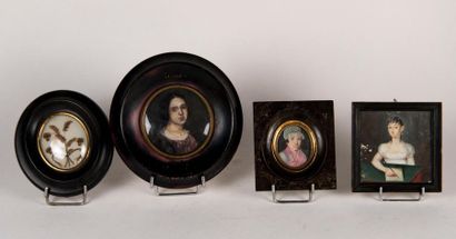 null Set of three 19th century miniatures: Young woman wearing roses to her mail....