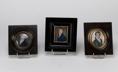 null Set of three 19th century miniatures: Portrait of a man on a grey-green background....