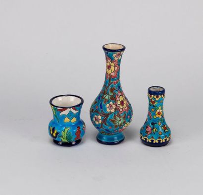 null LONGWY. Enamel set with blue background comprising two soliflores vases (an...