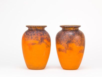 null MULLER Brothers. Pair of orange and brown marbled glass vases. Circa 1930. Signed....